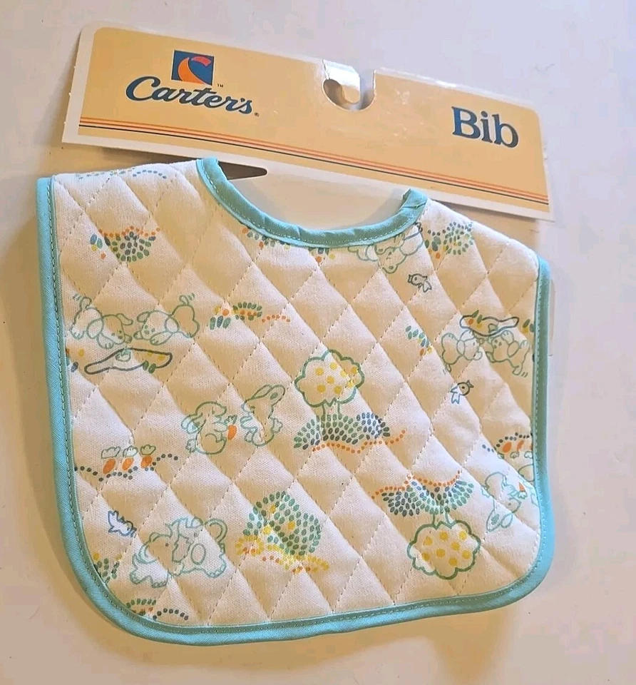 VGN Baby Carter's Blanco/Azul Babero Cachorros, Conejitos, Elefante, Acolchado 8" Foto 2 de 4