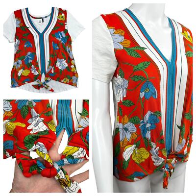 Anthropologie Hawaiian Top Sz XS Akemi +Kin Tie Front Orange Floral Colorful Tee