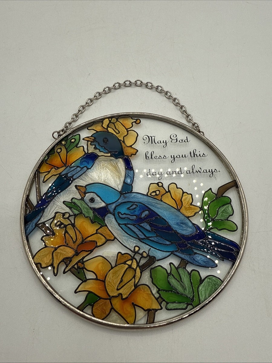 Joan Baker サンキャッチャー VTG Joan Baker Designs Birds Cardinal Oval Stained Glass Sun