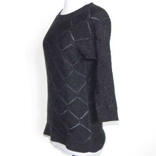 Qi 100% Cashmere Charcoal Gray Chevron Eyelet Dolman Crewneck Sweater PS /1706 - Picture 2 of 4