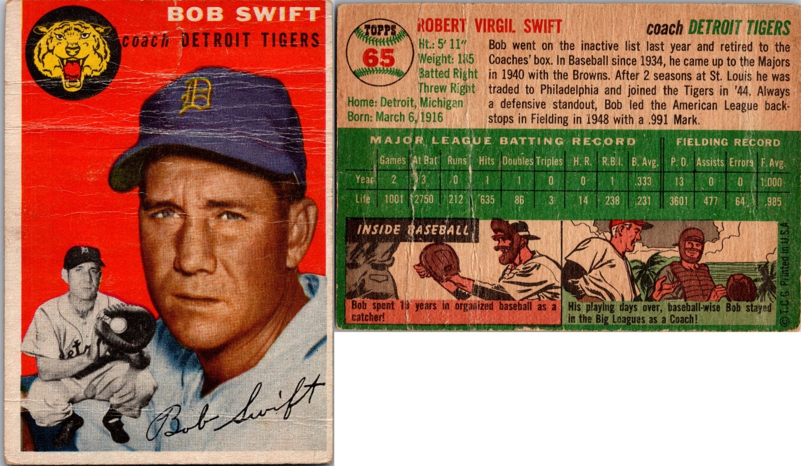 1954 Topps Bob Swift #65 Detroit Tigers LOW GRADE Poor