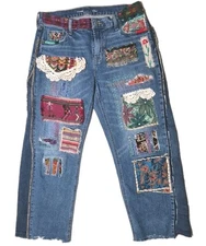 Embroidered Patchwork Upcycled Jeans Art To Wear Wmns Sz 6 (8) Boyfrnd Wide Leg