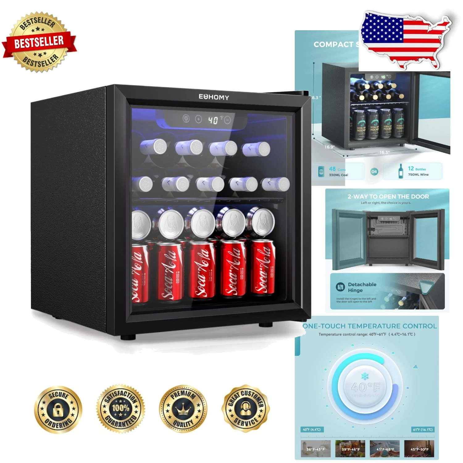 48 Can Mini Fridge: 1.3 cu.ft Cooler, Glass Door, Adjustable Temp, Quiet
Opens in a new window or ta