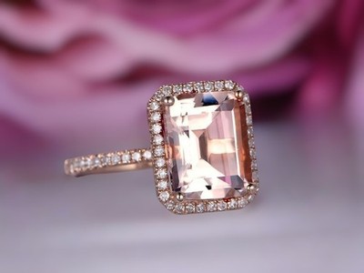 4,35 ct Radiant Cut Pfirsich Morganit Lab Grown Diamant Ehering 14 K Rotgold