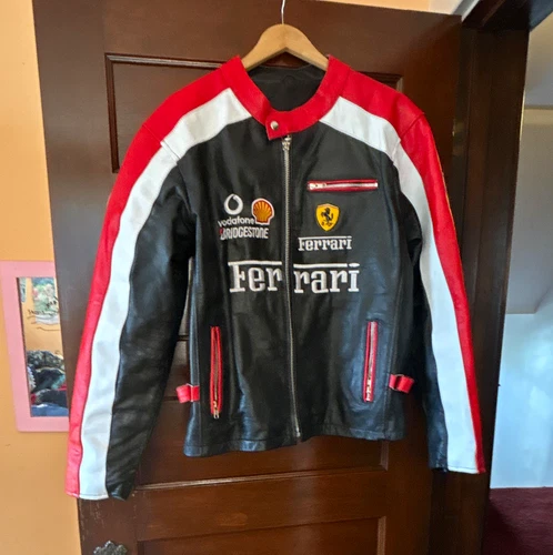 Ferrari Men’s Leather Motorcycle Jacket Full Zip Stand Collar Black Red L - product listing photo