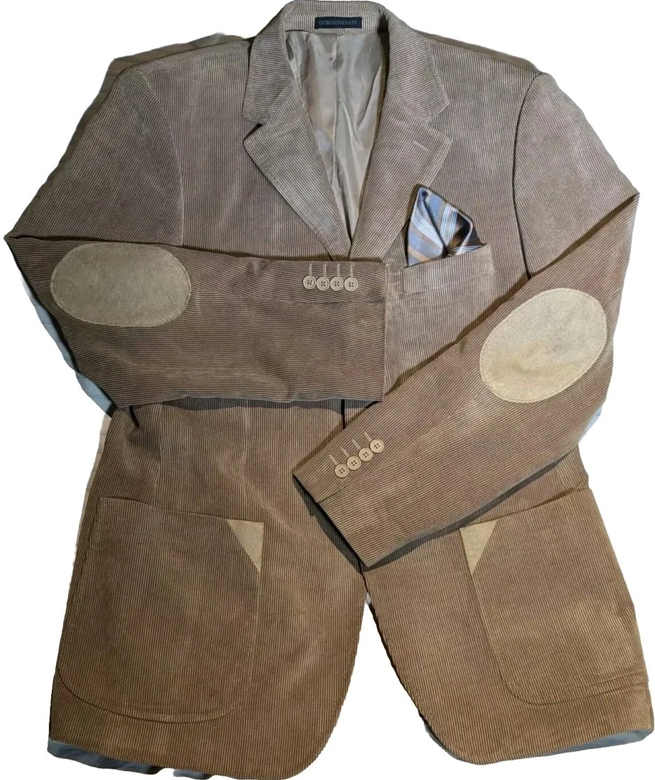 Giorgio Armani Corduroy Jacket Blazer Men XL Wool Beige Collar Pocket LongSleeve