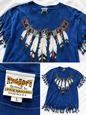 Vintage Ragtop Premium Blue Feather Fringe Beaded T-Shirt Made in USA Size L