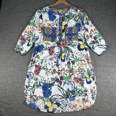 Fig and Flower Women s Shift Floral Henley High Low Pockets Dress Art To Wear M