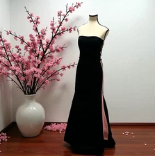 Jessica McClintock Gunne Sax Maxi Dress Black Satin Pink Sides Formal Gown 11/12