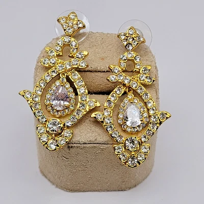 HSN KJL Kenneth Jay Lane Gold Tone Rhinestone Drop Dangle Earrings ~ 1.75" - Image 1 of 4