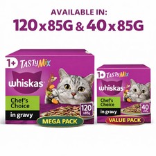 120 x 85g Whiskas 1+ Chef's Choice Mix Mixed Adult Wet Cat Food Pouches in Gravy