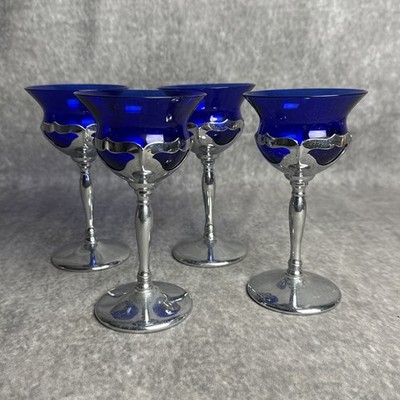Mid Century Faber Bros Cobal Blue & Chrome Cocktail Glass Set Of 4