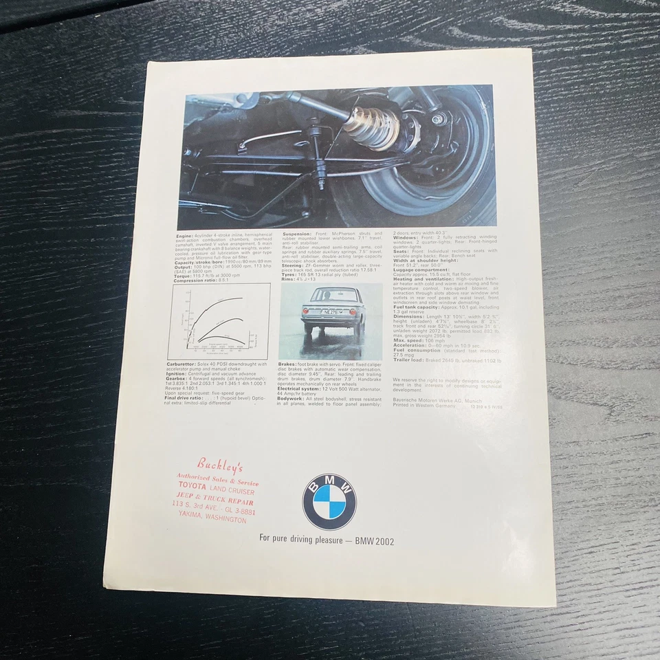 Folleto de venta de autos BMW 2002 1968 68 de colección grande Foto 3 de 3
