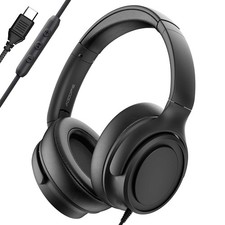 USB C Wired Over-Ear Headphones with Mic, Black, No Bag