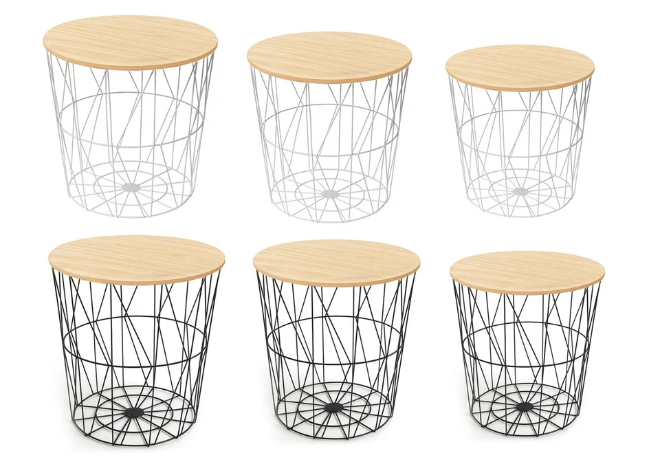 HOMION ROUND METAL WIRE WOOD TOP COFFEE SIDE TABLE STORAGE BASKET WHITE BLACK GOLDEN