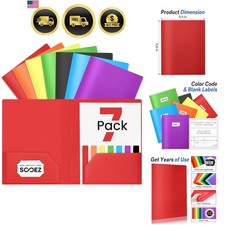 7 Pack Folders with Pockets, 2 Pocket Folders with Extra Labels, Plastic Fold...