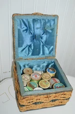 VINTAGE SQUARE SEWING BASKET w 12 vtg WOOD SPOOLS THREAD SATIN PIN CUSHION JAPAN