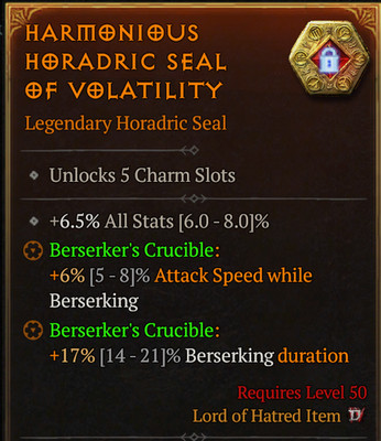  DIABLO 4 SEASON 13 LoH Horadric Seal Berserker's Crucible x2 +6.5% All Stat