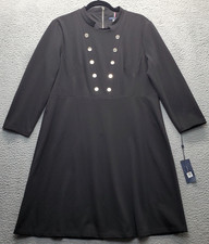 Tommy Hilfiger Shift Dress Womens 16 Black Crew Neck Button Detail Back Zip