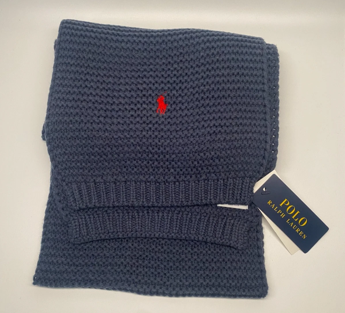 Polo Ralph Lauren Chunky Knit Unisex Wool Scarf Blue with Red Logo BNWT One Size