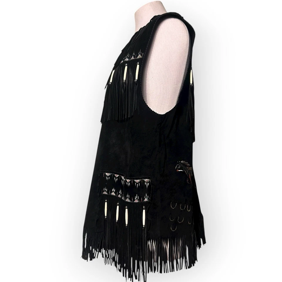 Vintage Patricia Wolf Vest Womens Large Black Suede Hand-Painted Fringe Leather - Image 4 of 4
