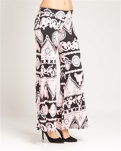 CLEARANCE Women's Black Palazzo Pants with Peach and White Tapestry Design - Picture 2 of 3