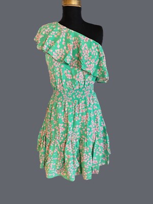 Spring Sundress Draper James Ruffle One Shoulder Green Pink Floral Dress Sz S