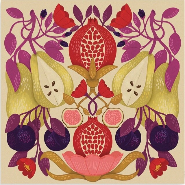Pears & Pomegranates - Art Blank Greeting / Birthday Card - Fruit Berries Emboss