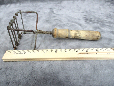 Potato Masher Primitive Rustic Square Metal With Wooden Handle 9'' Long Vintage