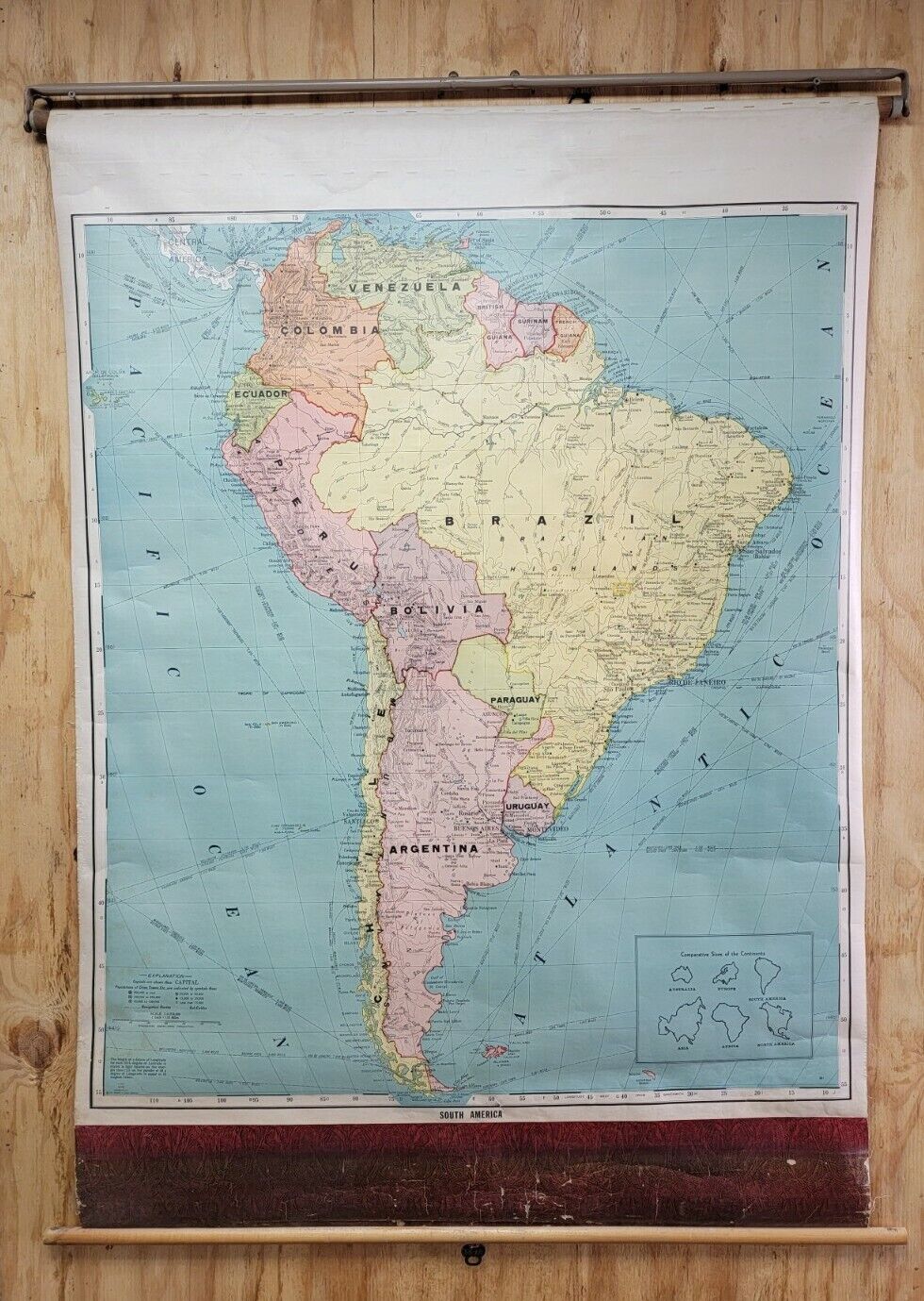 Vintage Cram's South America Map Pull Down Roll Up 40" x 56"