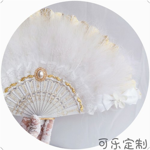 Abanico de mano de plumas blancas Lolita para niñas abanico victoriano para boda fiesta - Imagen 3 de 4