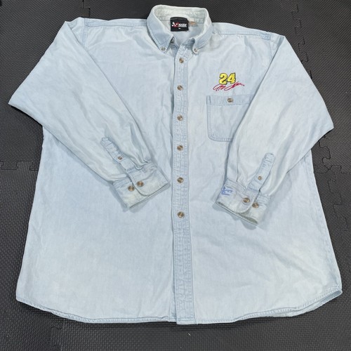 Vintage Jeff Gordon Denim Button Down Shirt XL Nascar #24 Distressed Blue - Picture 2 of 12