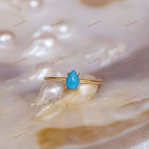 Gift For Her Natural Turquoise Cocktail ring Ring Size 6 10k Yellow Gold - Zdjęcie 1 z 6