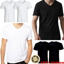 For Mens 100% Cotton Thick Basic Tee Casual T-Shirt V-Neck Black White S-4XL