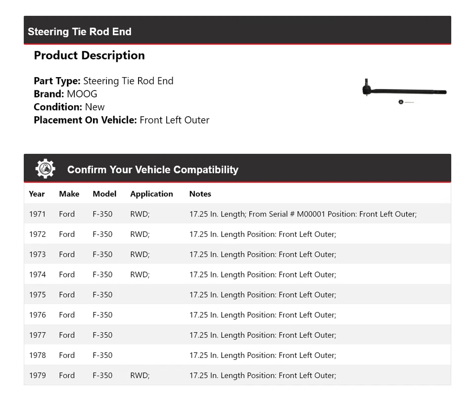适用于 1971 - 1979 年福特 F-350 转向领带杆端前左外 MOOG 1971 1972 — 第 2/4 张图片