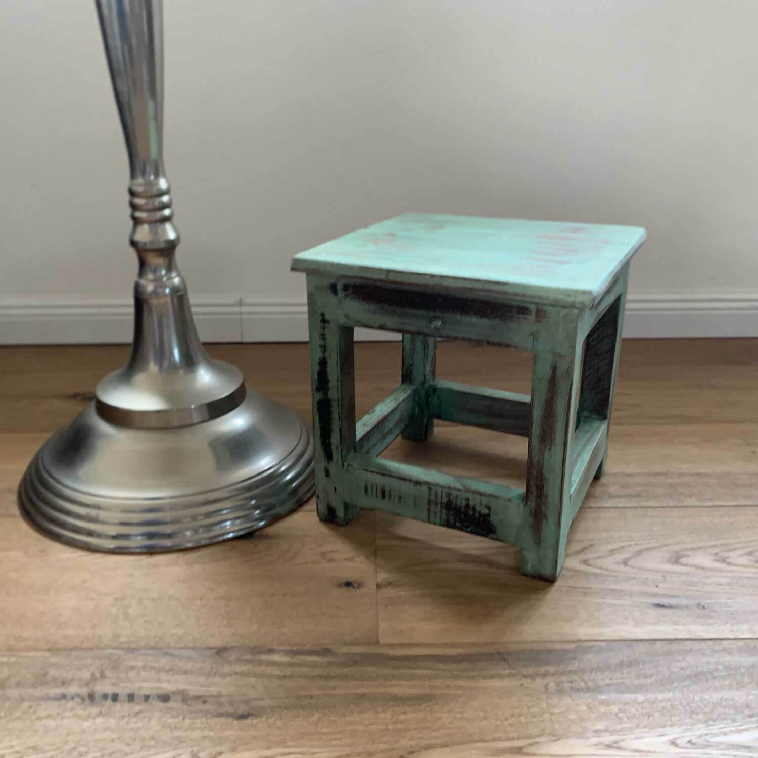 Vintage Holz Fußhocker 26cm Türkis Tritthocker Fußbank Bänkchen Fuß-Schemel
