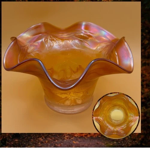 Antique Fenton Carnival Glass Marigold BlackBerry Spray Ruffled Hat Bowl