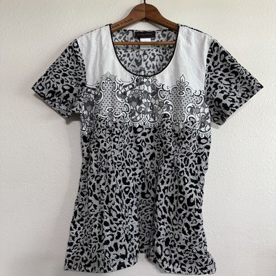 Baby Phat Scrub Top Womens Large Black Gray Animal Print Gathered Elastic Waist