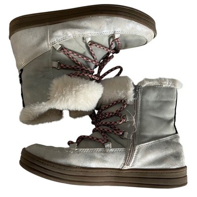 SPROX Kids Cozy Fur Lined Snow Boots Gray Pink Laces Stars Side Zip