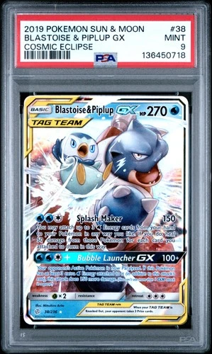 2019 POKEMON SUN & MOON COSMIC ECLIPSE #38 BLASTOISE & PIPLUP GX PSA 9