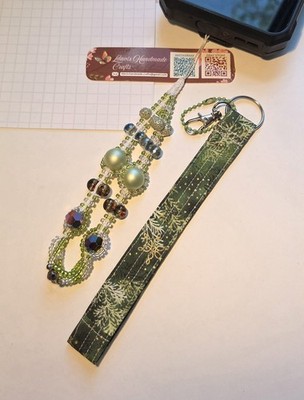 Handmade Keychain Beaded Phone Charm & Upcycled Fabric Wristle |Ever Green Set