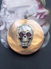 9ct Gold Momento Mori Locket Pendant Sterling Silver Ruby Skull Vintage Antique