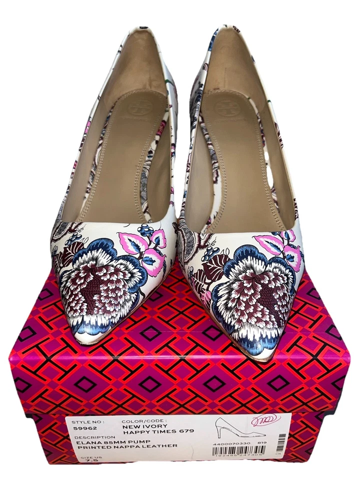 Tory Burch Elana 85 毫米花卉快乐时光象牙色纳帕皮革高跟鞋 7.5 码 — 第 3/4 张图片