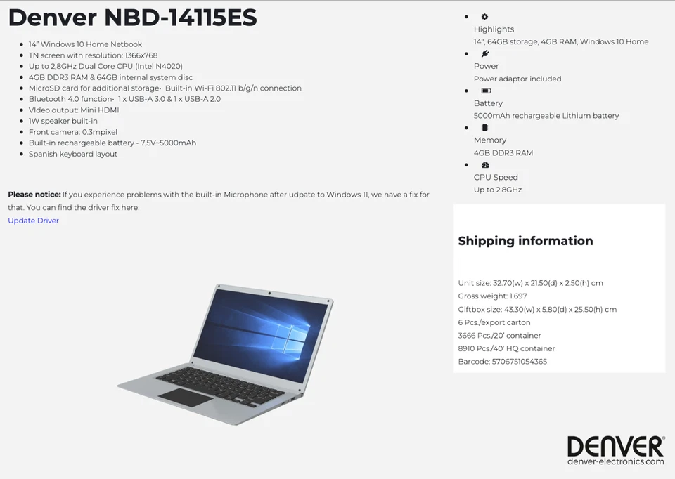 Ordinateur Portable Denver NBD14115ES 14” 4 Go RAM HDD 64 Go USB WiFi - Photo 2/2