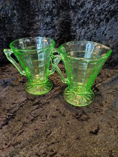 Set Anchor Hocking Green Block Optic Uranium Glass Creamer & Sugar