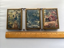 "Antiguo tríptico espejo triple escenas de pueblo marco dorado 3,25""x4,25"" cerrado"