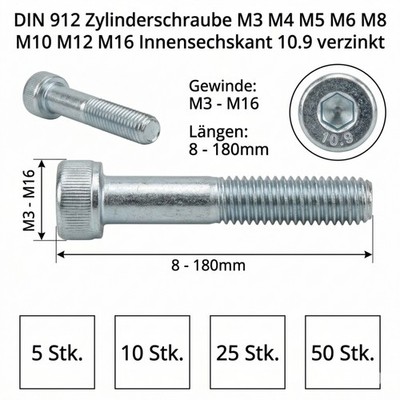 M12 M14 M16 DIN 912 Stahl Zylinderkopfschraube Innensechskant 8.8/10.9 verzinkt