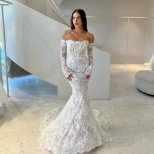Sexy See Through Back Long Sleeves Full Lace Applique Mermaid Wedding Dresses