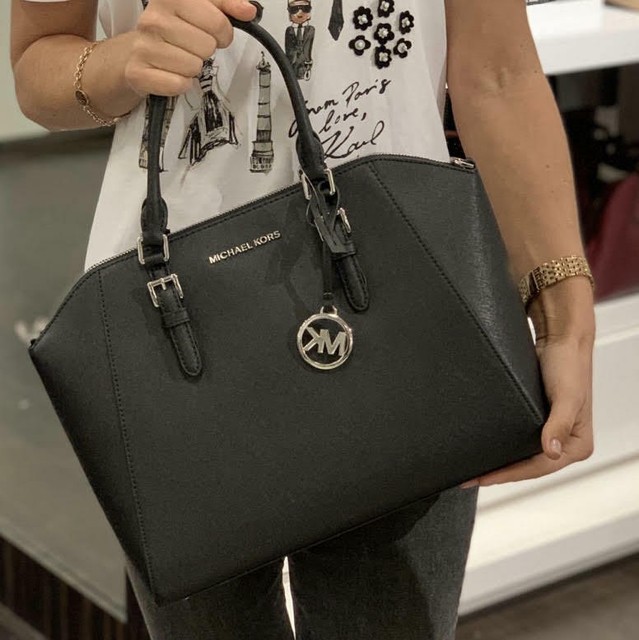 Michael Kors Ciara Large Saffiano Leather Messenger Bag - Black Silver hardware | eBay