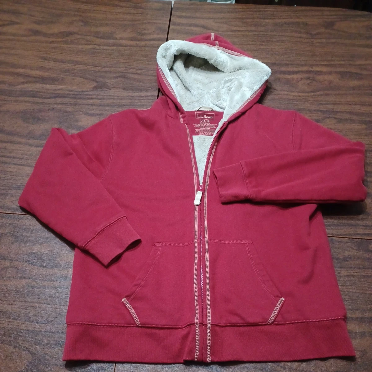 LL Bean MAROON Soft Sherpa Lined Hoodie Girls Large14 16 very good preowned cond